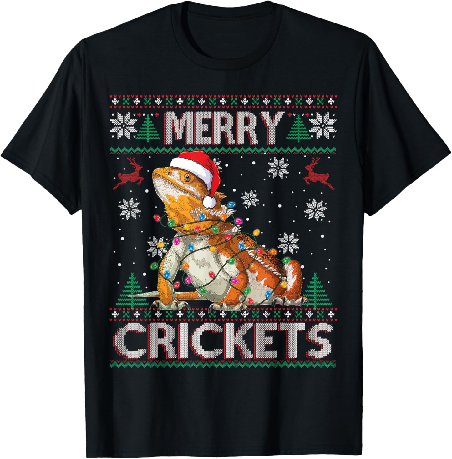Merry Crickets Bearded Dragon Ugly Sweater Christmas Pajama T-Shirt - T-Shirt | Black