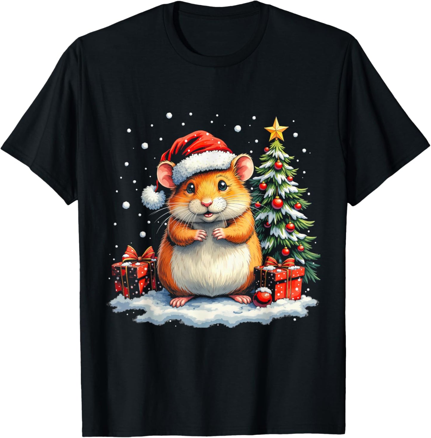 Cute Hamster with Santa Hat and Snow Holiday Christmas T-Shirt - T-Shirt | Black