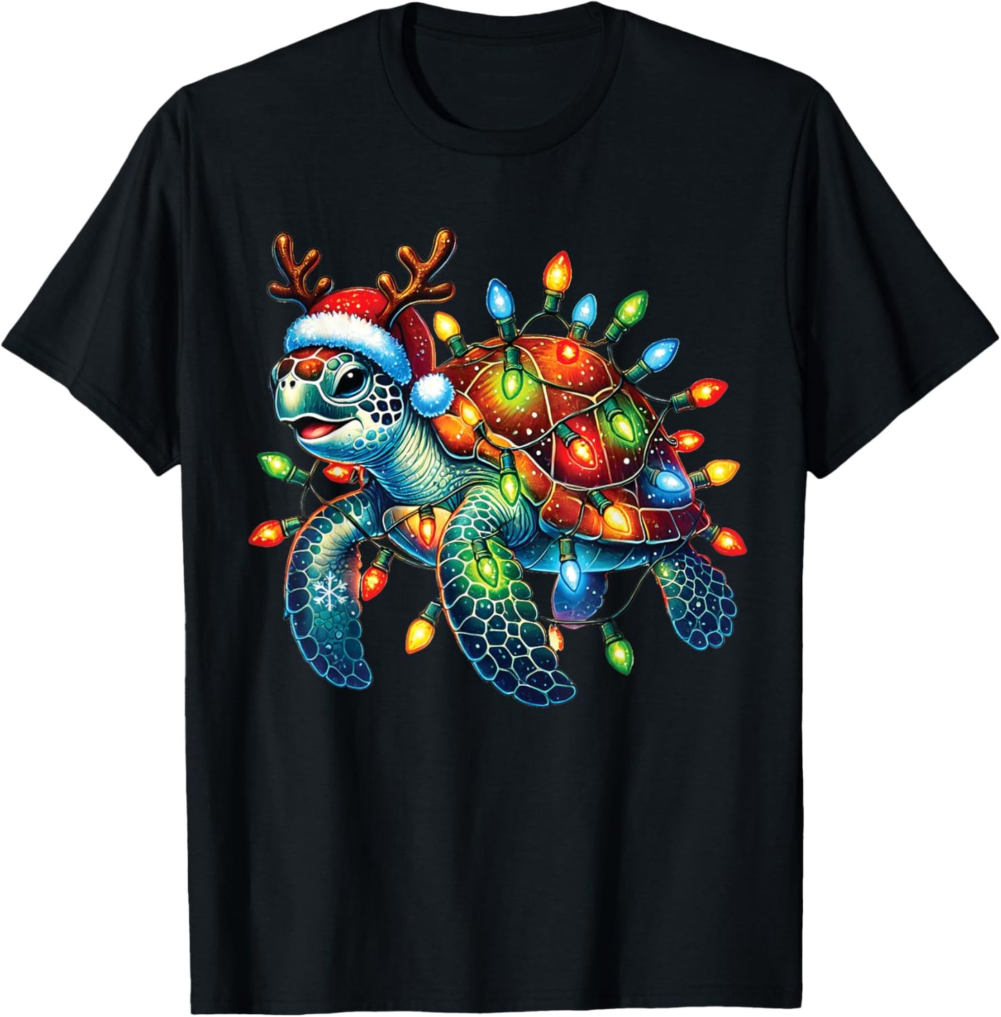 Sea Turtle Christmas Lights Funny Santa Hat Merry Christmas T-Shirt - T-Shirt | Black