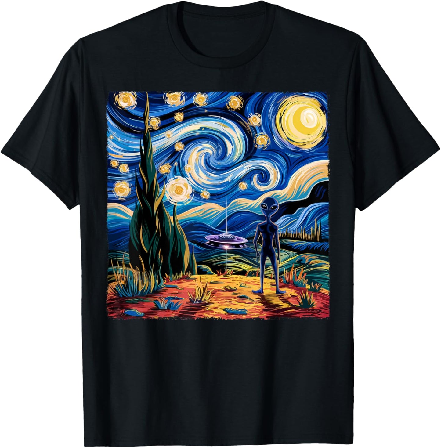 Alien Van Gogh Starry Night UFO Gifts Women Boys Kid T-Shirt - T-Shirt | Black