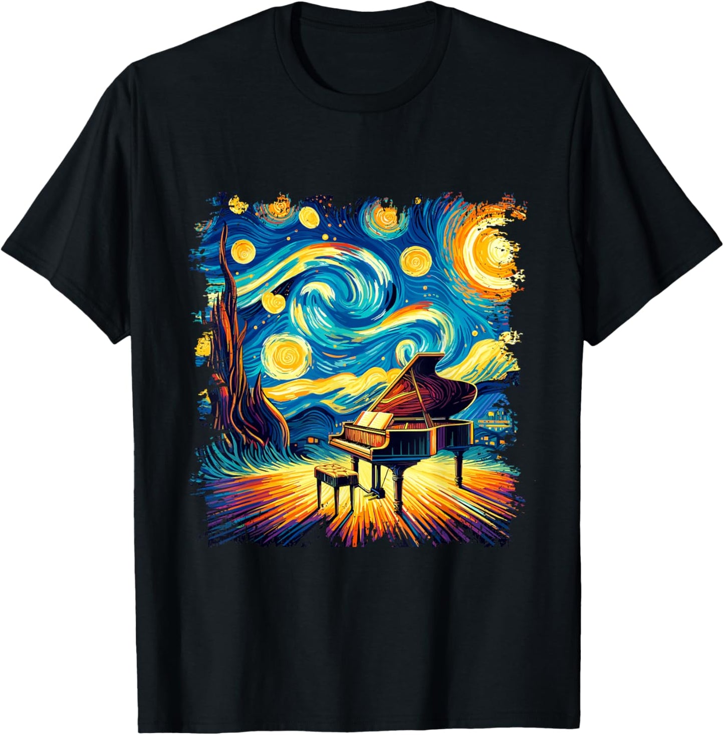 Classical Piano Starry Night Shirt Van Gogh Painting Pianist T-Shirt - T-Shirt | Black