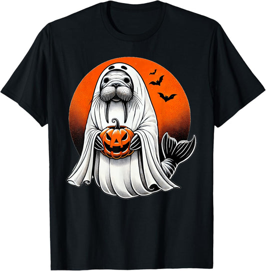 Halloween Seal Ghost Costume Walrus Jackolantern Pumpkin T-Shirt - T-Shirt | Black