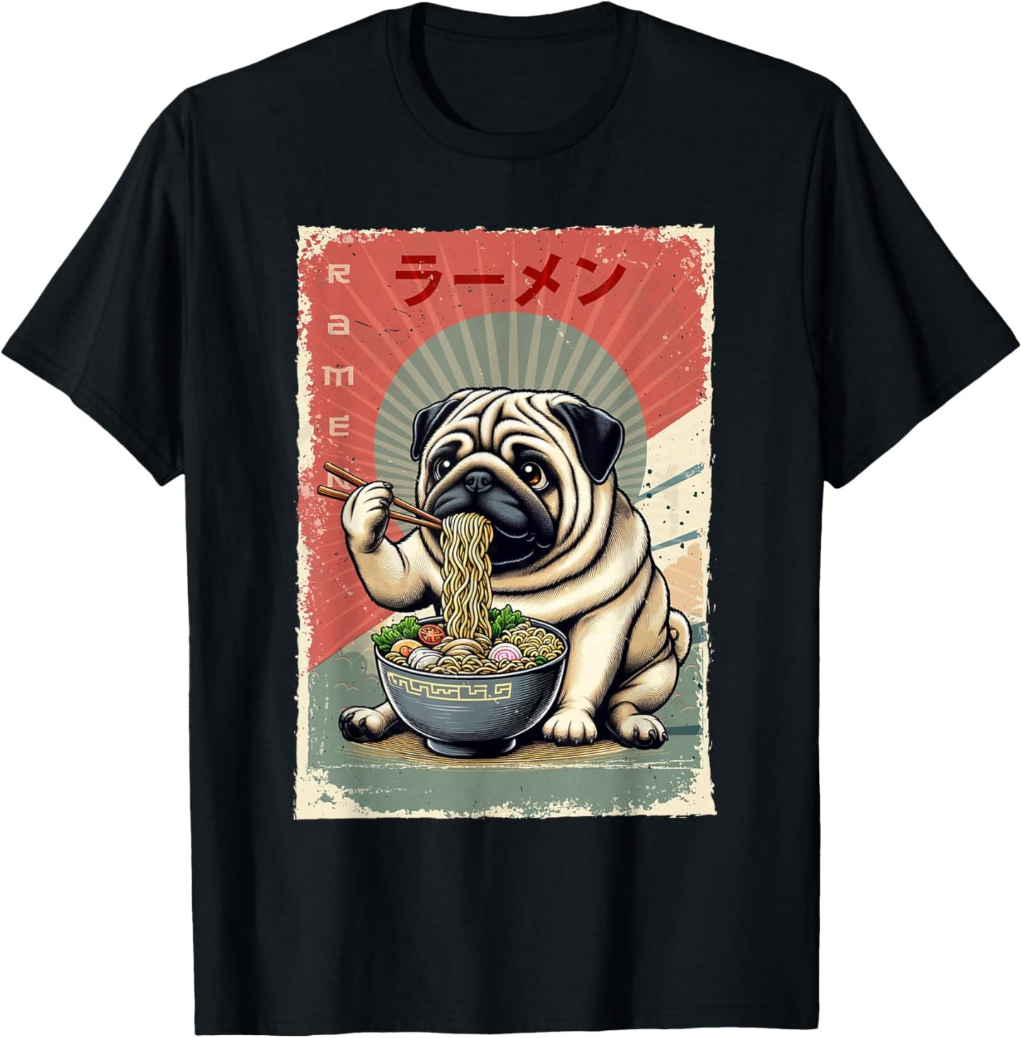 Pug Dog Eating Ramen Japanese Noodles Soup -Adults, -Kids Black Small Classic Fit Short Sleeve T-Shirt - T-Shirt | Black