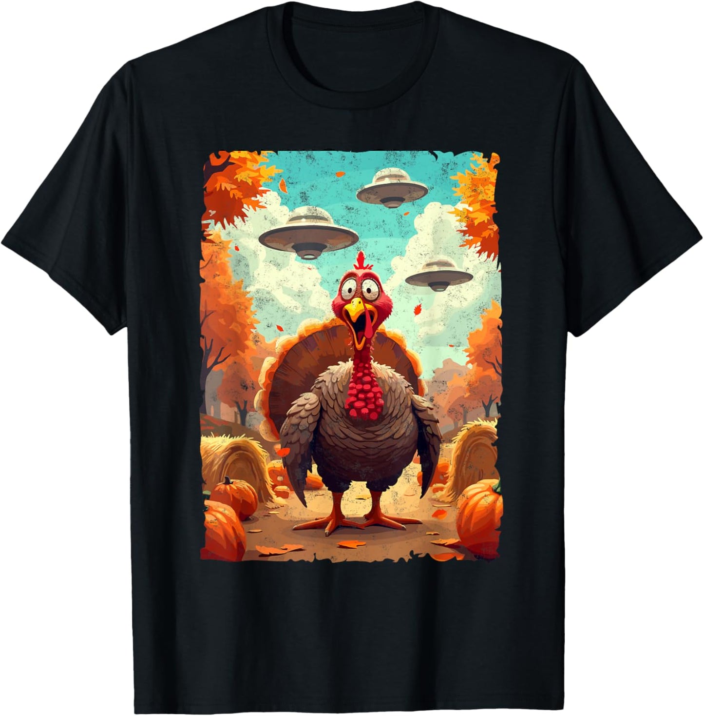 Autumn Fall Season Funny Turkey & UFO Thanksgiving Day Alien Believer T-Shirt - T-Shirt | Black