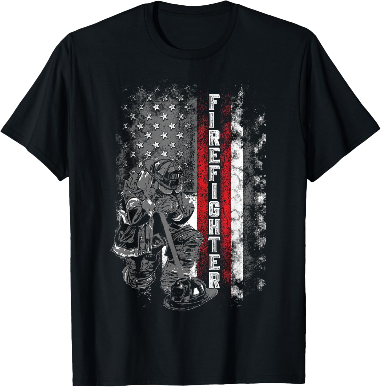 Fallen Fireman American Flag Thin Red Line Firefighter T-Shirt - T-Shirt | Black