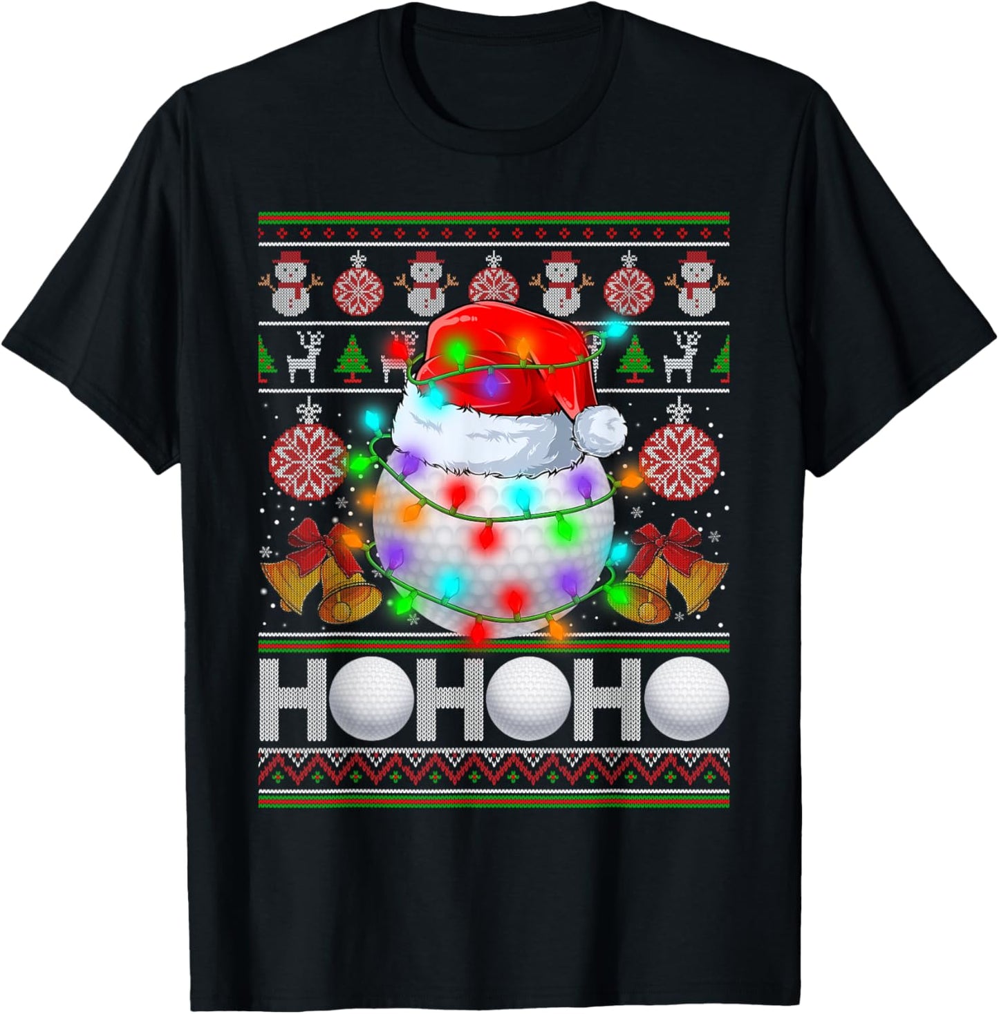 Santa Claus Golf Ball Xmas Tree Light Ugly Christmas Sweater T-Shirt - T-Shirt | Black