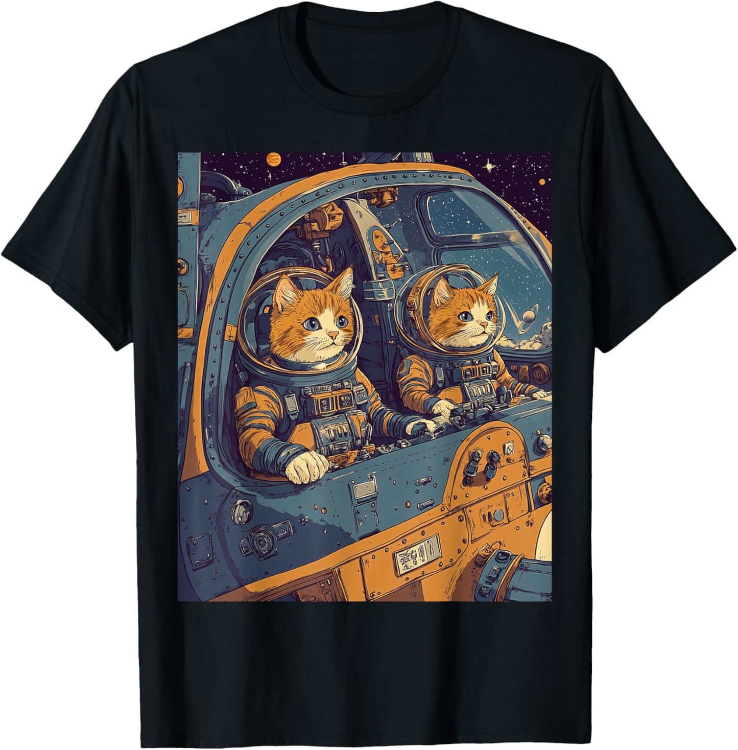 Two Cats Astronauts in Spacecraft T-Shirt - T-Shirt | Black