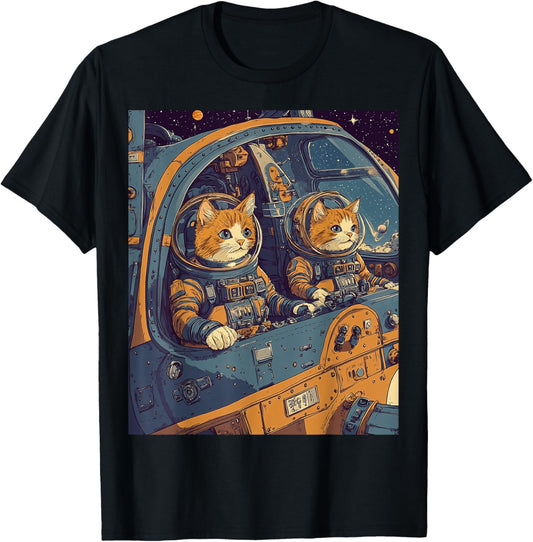 Two Cats Astronauts in Spacecraft T-Shirt - T-Shirt | Black