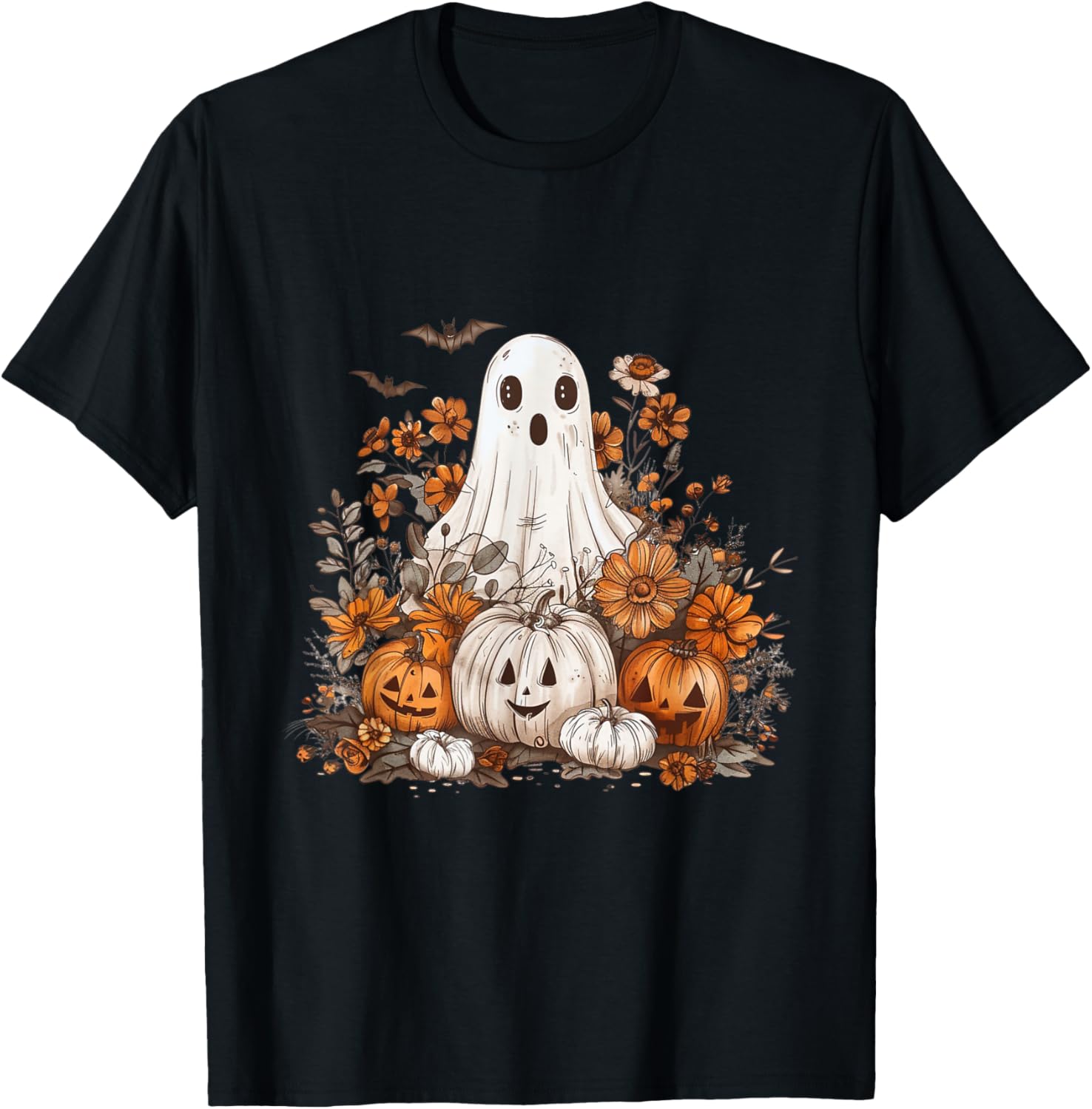Cute Boho Flower Ghost Pumpkin Halloween Party Ghost Costume T-Shirt - T-Shirt | Black