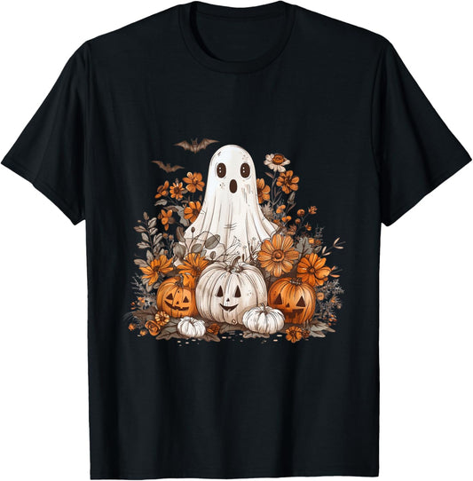Cute Boho Flower Ghost Pumpkin Halloween Party Ghost Costume T-Shirt - T-Shirt | Black