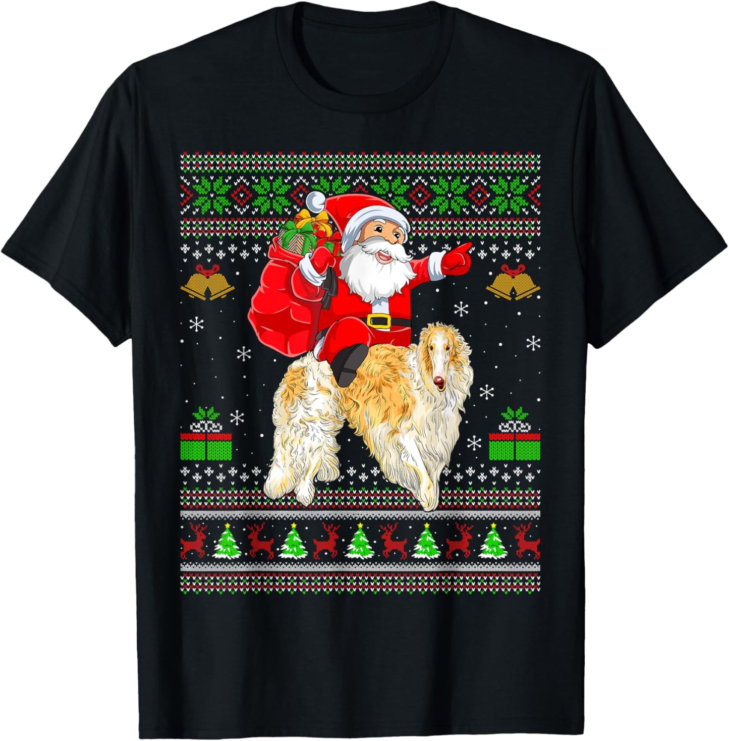 Ugly Xmas Sweater Funny Santa Riding Borzoi Dog Christmas T-Shirt - T-Shirt | Black