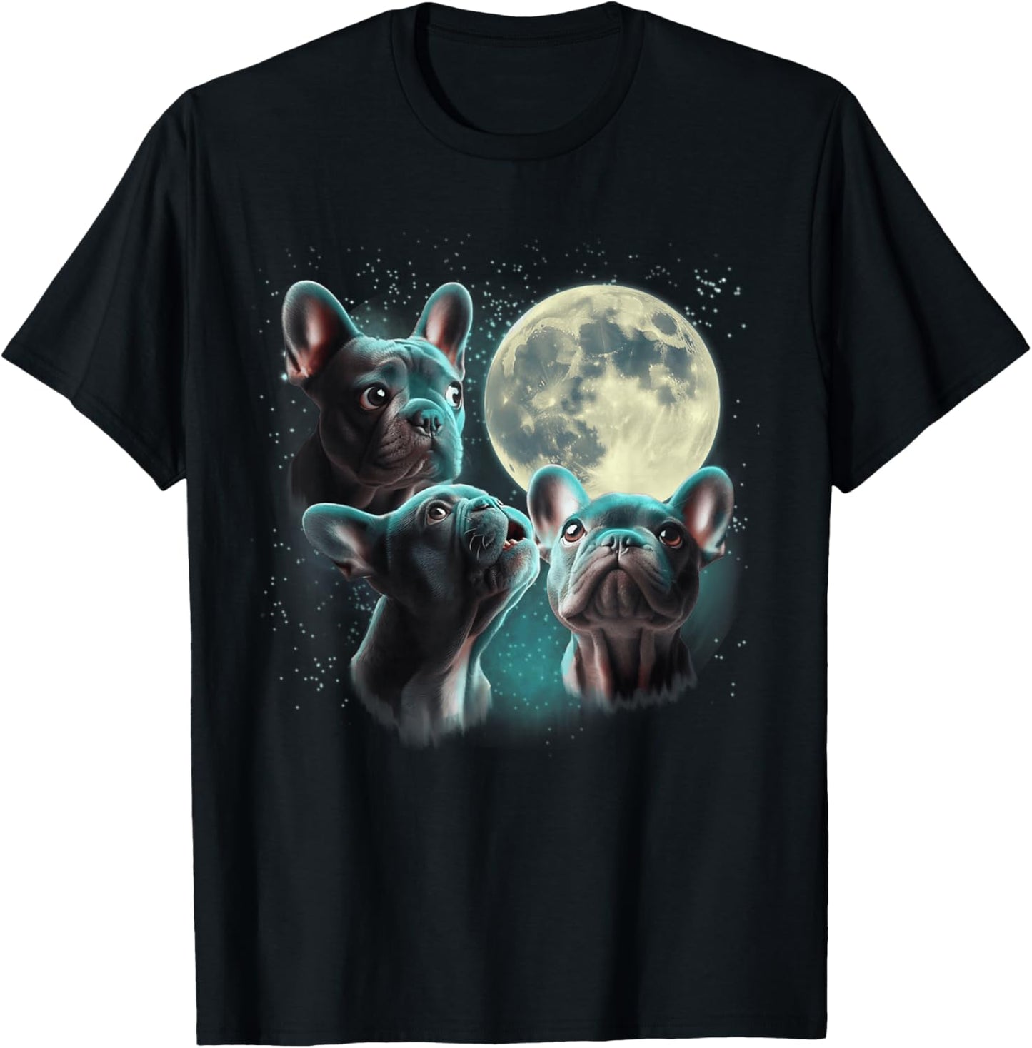 Funny Three French Bulldog Moon, 3 Frenchie Blue, Weird Cute T-Shirt - T-Shirt | Black