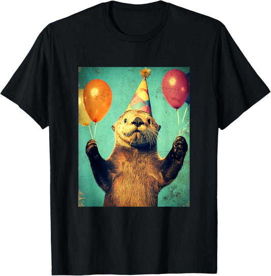 Sea Otter Retro Art Print Birthday Party Balloons & Hat T-Shirt - T-Shirt | Black