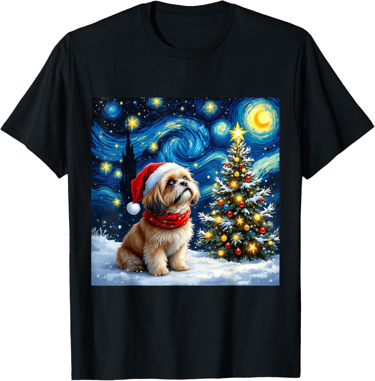 Shih Tzu Starry Night Christmas Van Gogh Dog Santa Hat T-Shirt - T-Shirt | Black