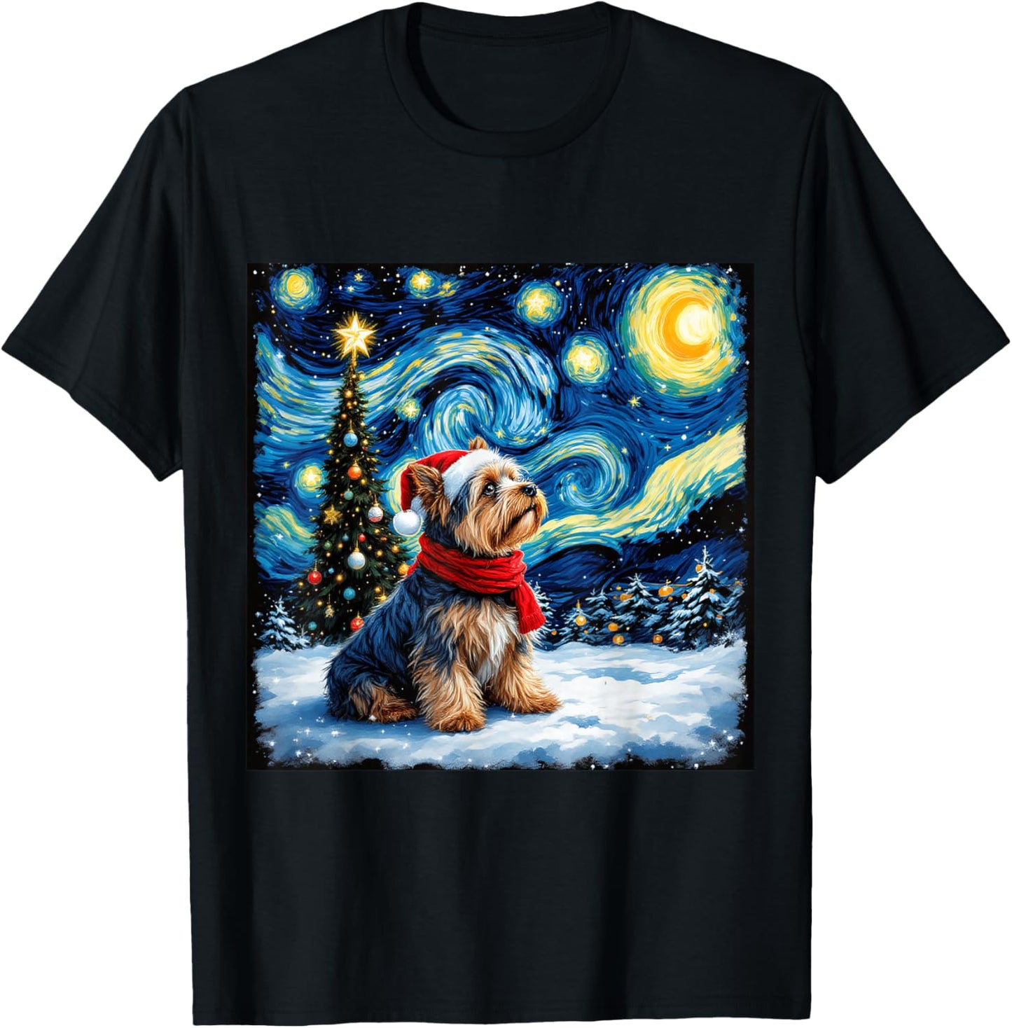 Yorkshire Terrier Starry Night Christmas Van Gogh Dog Santa T-Shirt - T-Shirt | Black