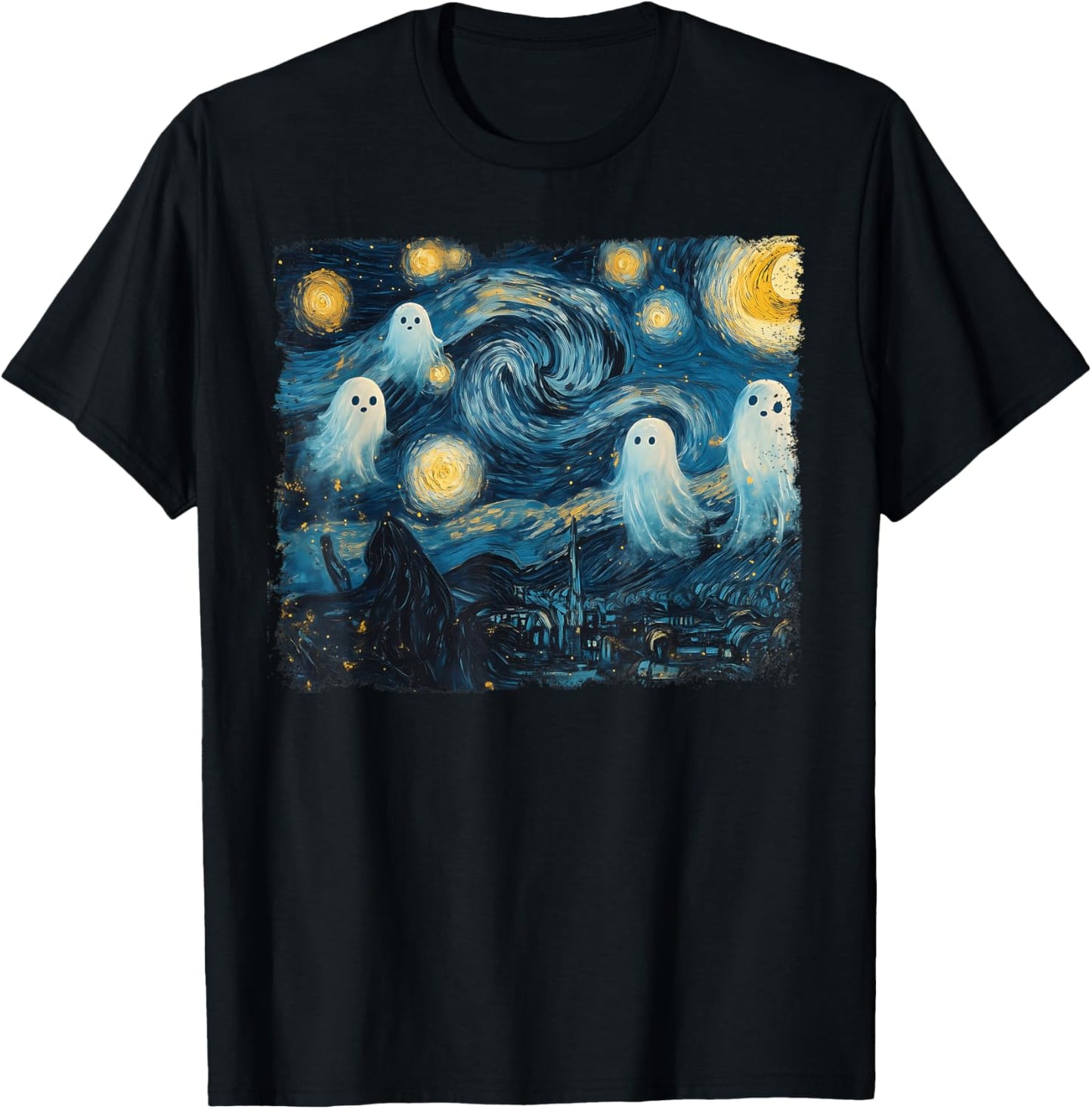 Cute Ghost Starry Night Halloween Spooky Retro Van Gogh Art T-Shirt - T-Shirt | Black