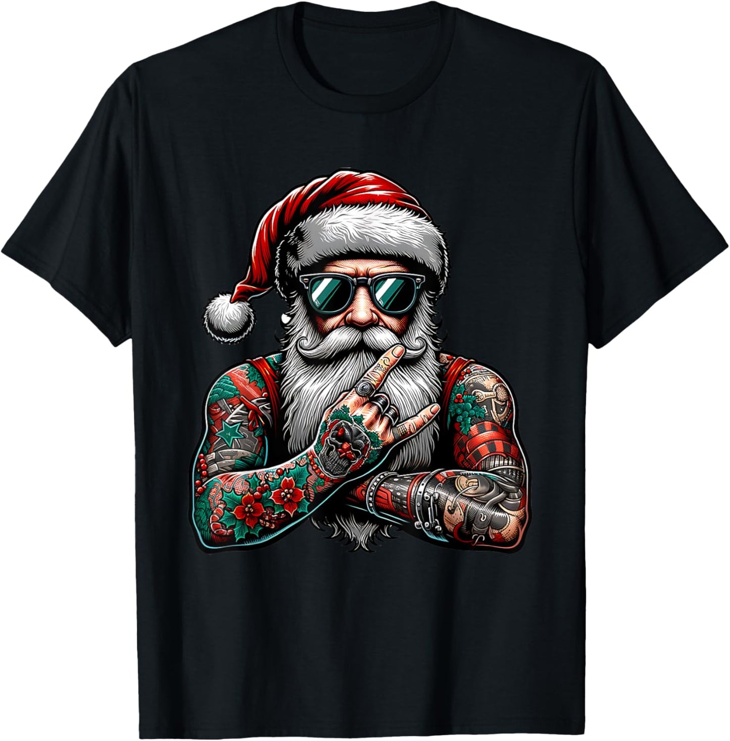 Tattooed Santa Claus inked xmas men & women ugly Christmas T-Shirt - T-Shirt | Black