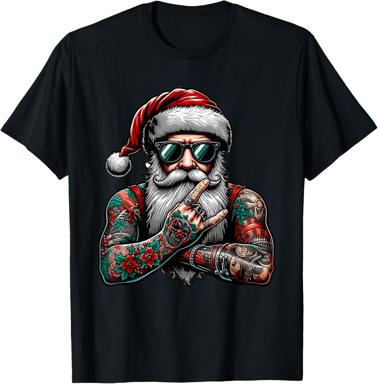 Tattooed Santa Claus inked xmas men & women ugly Christmas T-Shirt - T-Shirt | Black