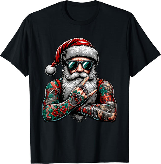 Tattooed Santa Claus inked xmas men & women ugly Christmas T-Shirt - T-Shirt | Black