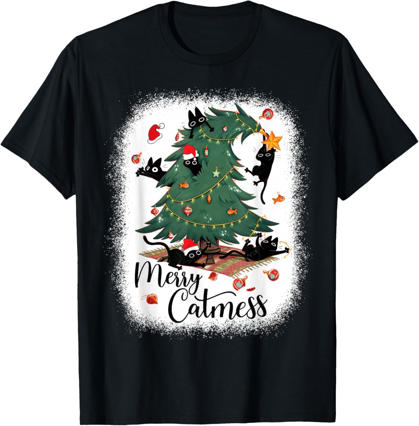 Funny Cats Christmas Tree Merry Catmess Black Cat Kittens T-Shirt - T-Shirt | Black