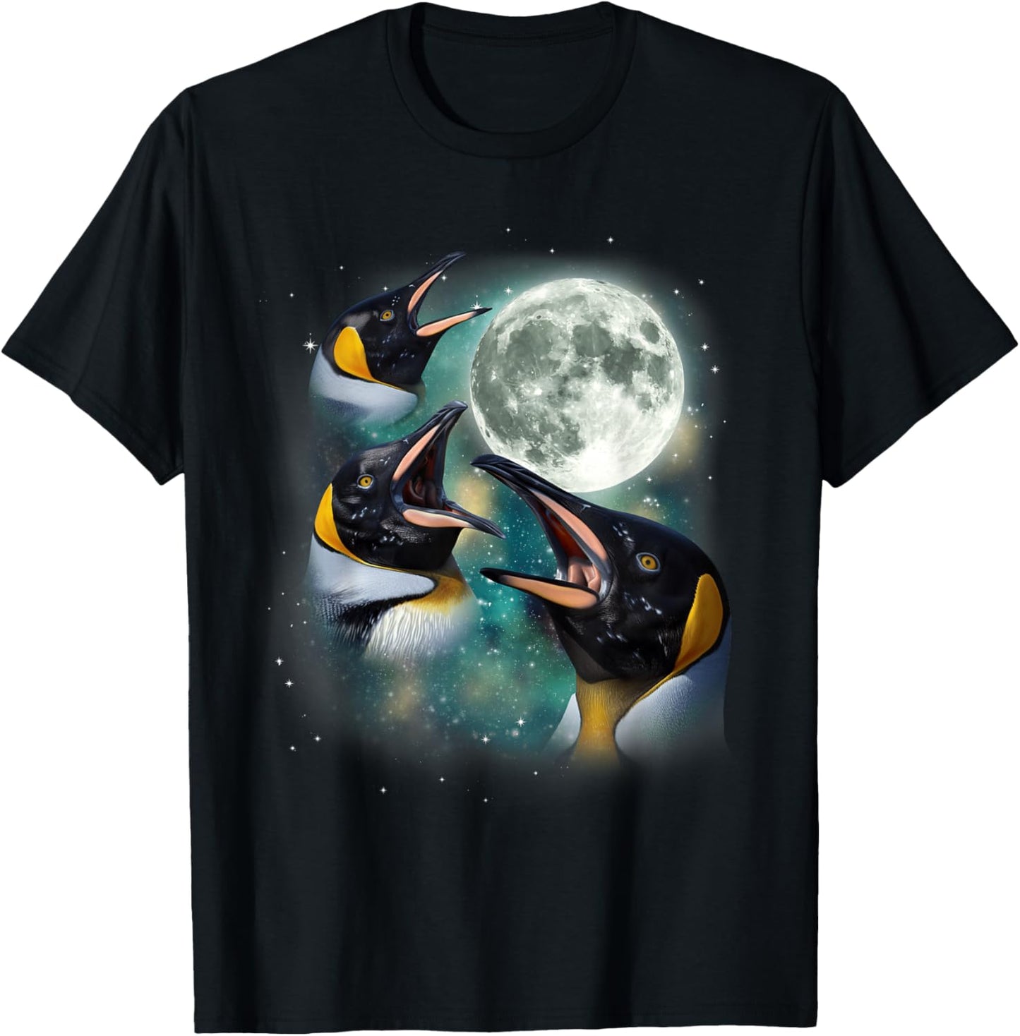 Three Penguin Moon | 3 Funny Antarctic Birds Howling Parody T-Shirt - T-Shirt | Black