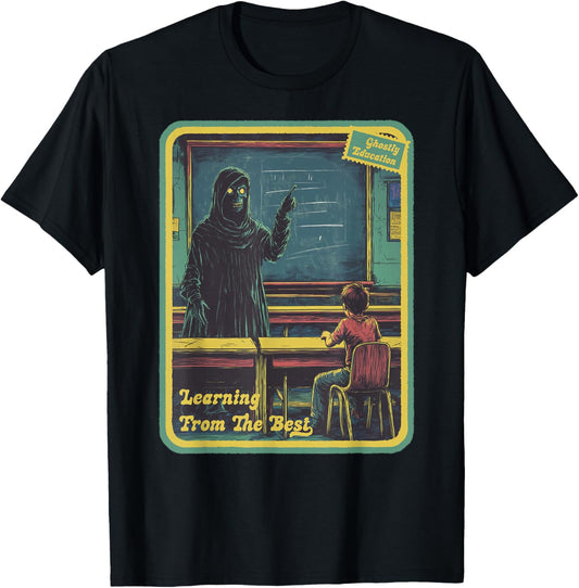 Halloween Vintage Horror: Retro Ghostly Teacher - Black, , Short Sleeve, Classic Fit, Small T-Shirt - T-Shirt | Black
