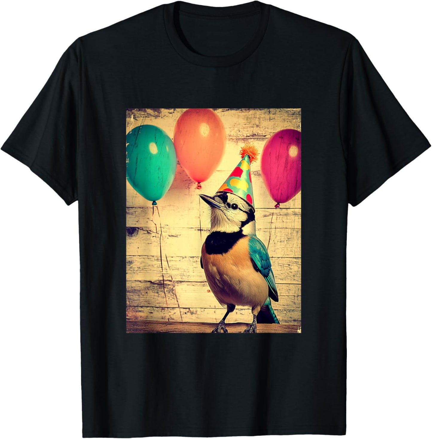 Blue Jay Retro Art Print Birthday Party Balloons & Party Hat T-Shirt - T-Shirt | Black