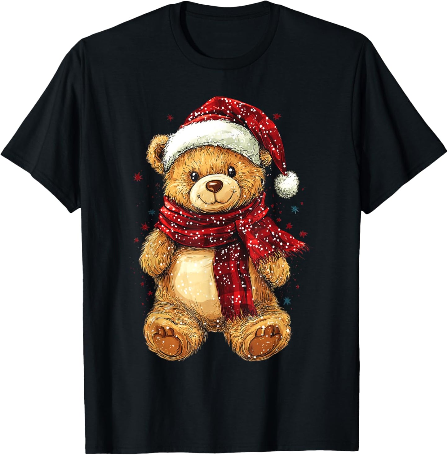 Teddy Bear Wearing Christmas Hat and Scarf Cute Bear T-Shirt - T-Shirt | Black