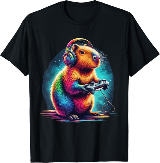 Capybara Gaming Shirt Video Game Colorful Capybara Gamer T-Shirt - T-Shirt | Black