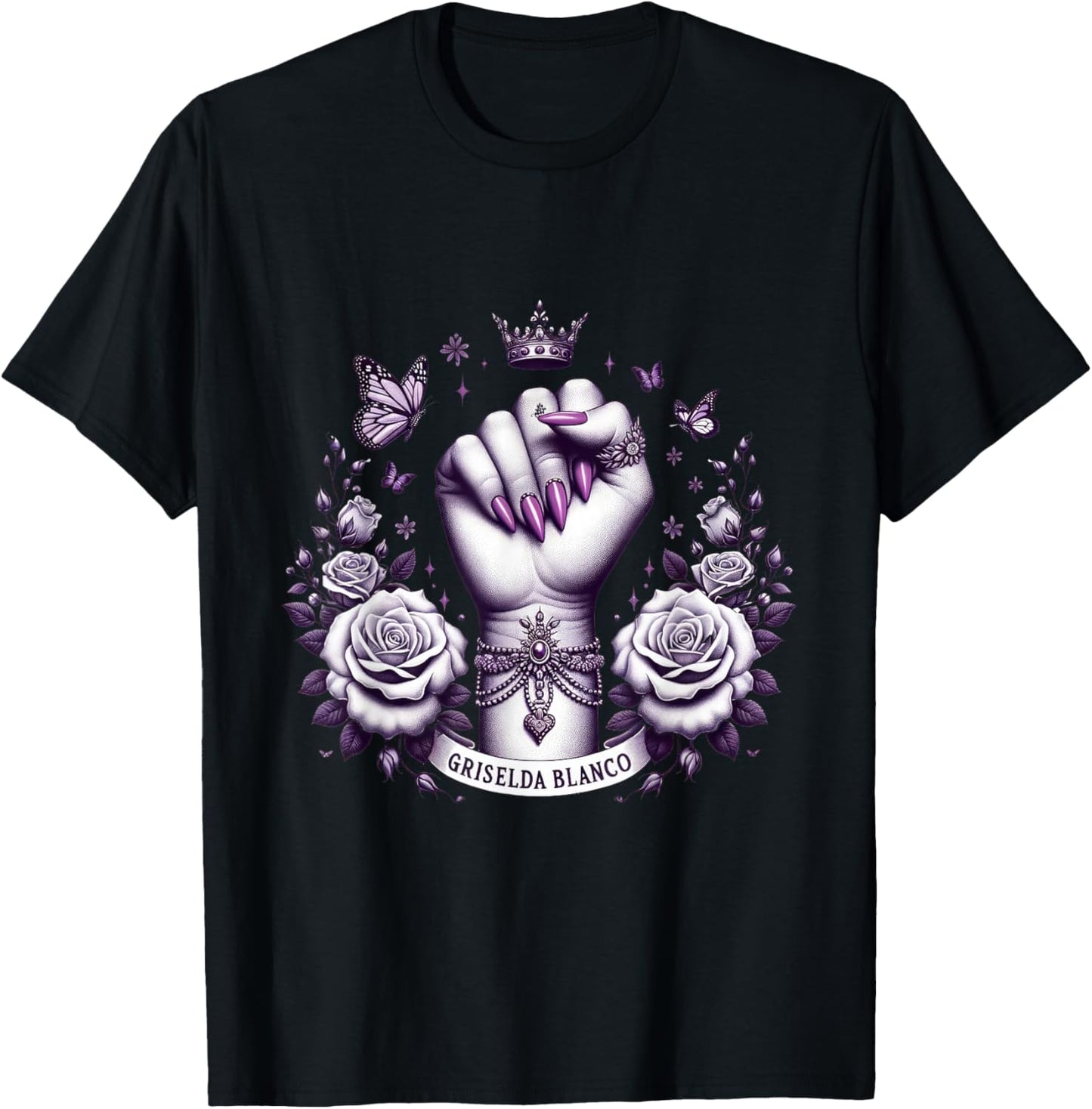 Griselda Blanco Crown Fist With Roses and Butterflies T-Shirt - T-Shirt | Black