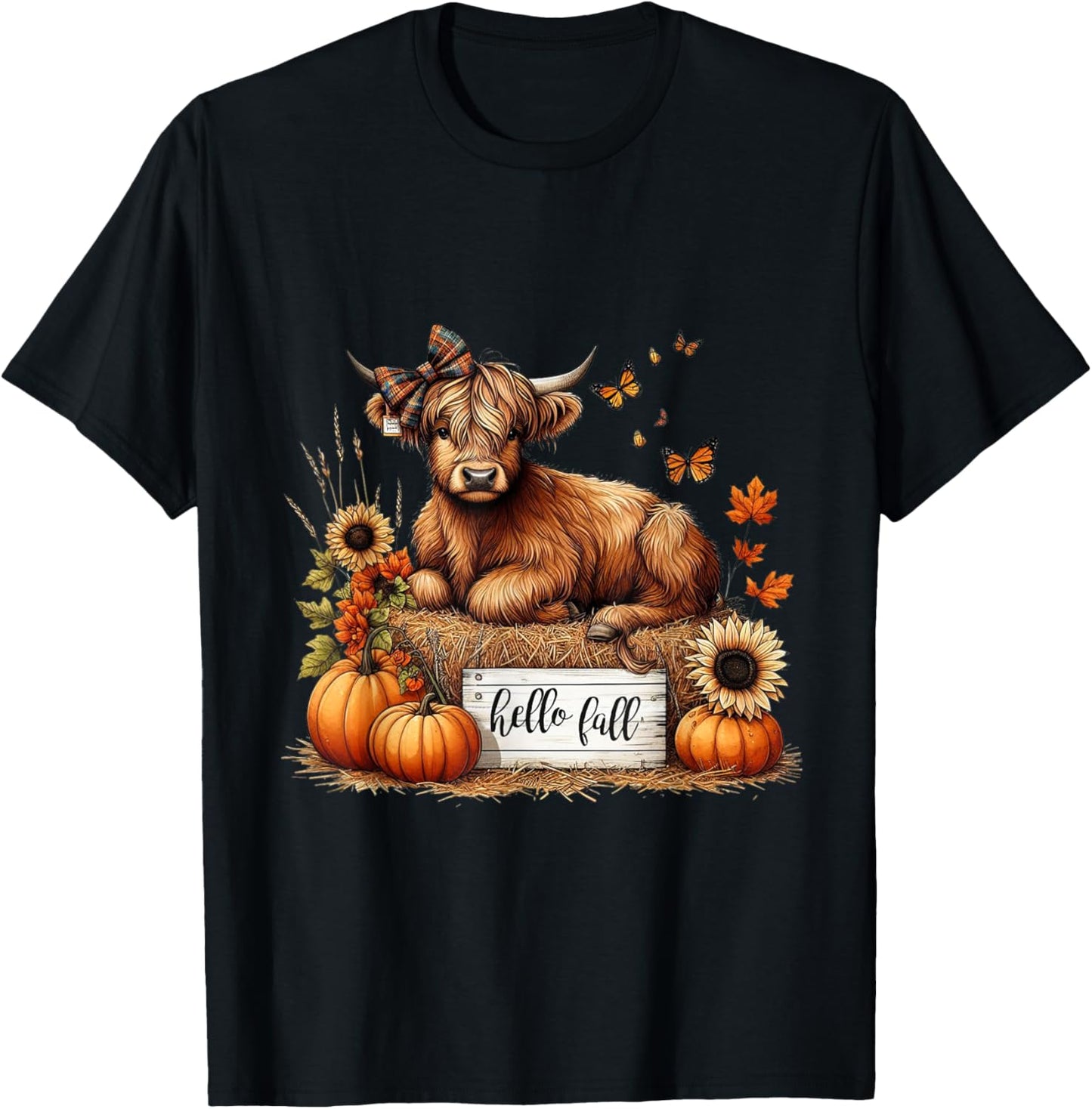 Hello Fall Pumkin Highland Cow Fall Autumn Thanksgiving T-Shirt - T-Shirt | Black