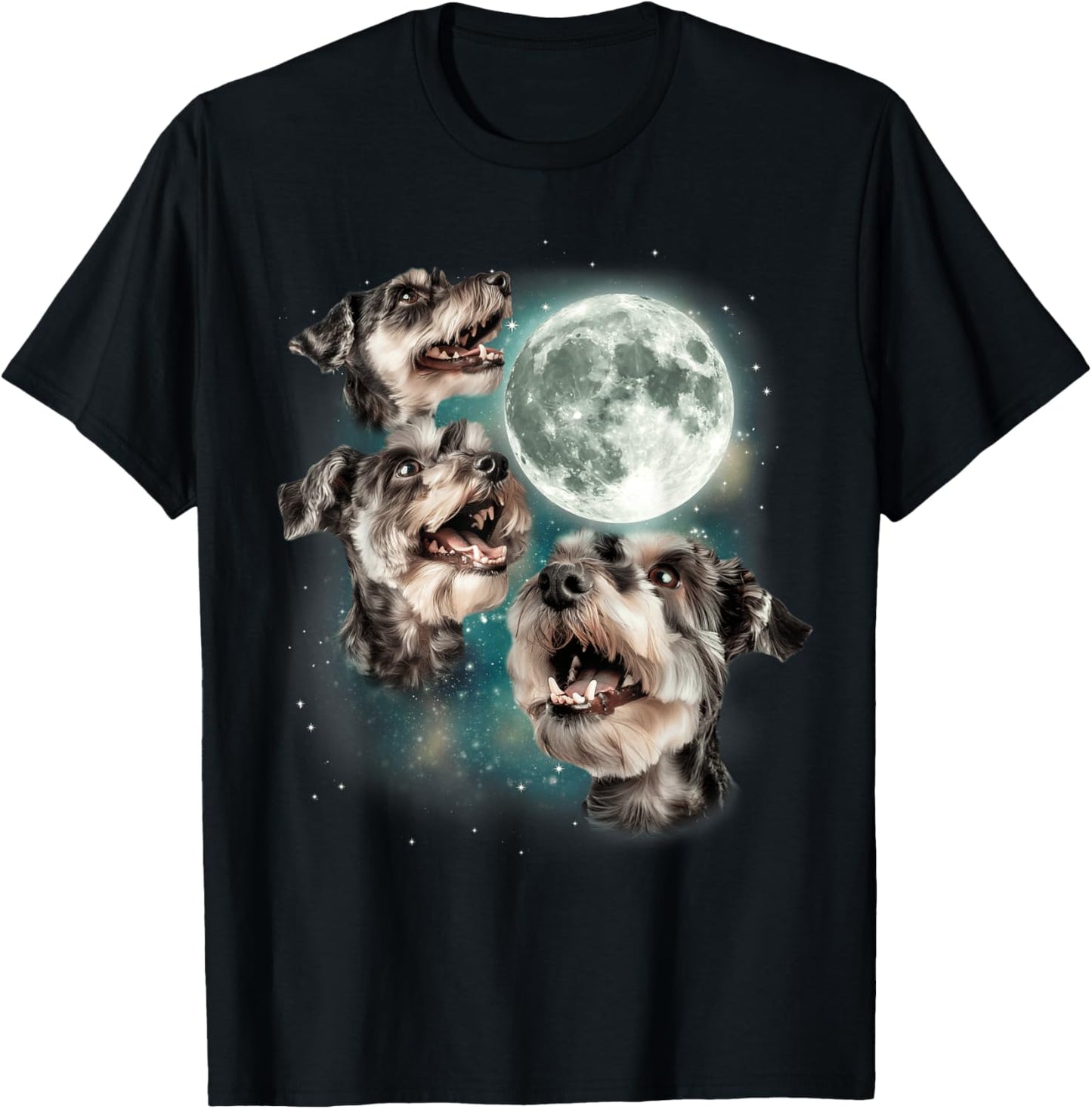 Three Mini Schnauzers Moon | 3 Howling Dog Meme Pet Lover T-Shirt - T-Shirt | Black