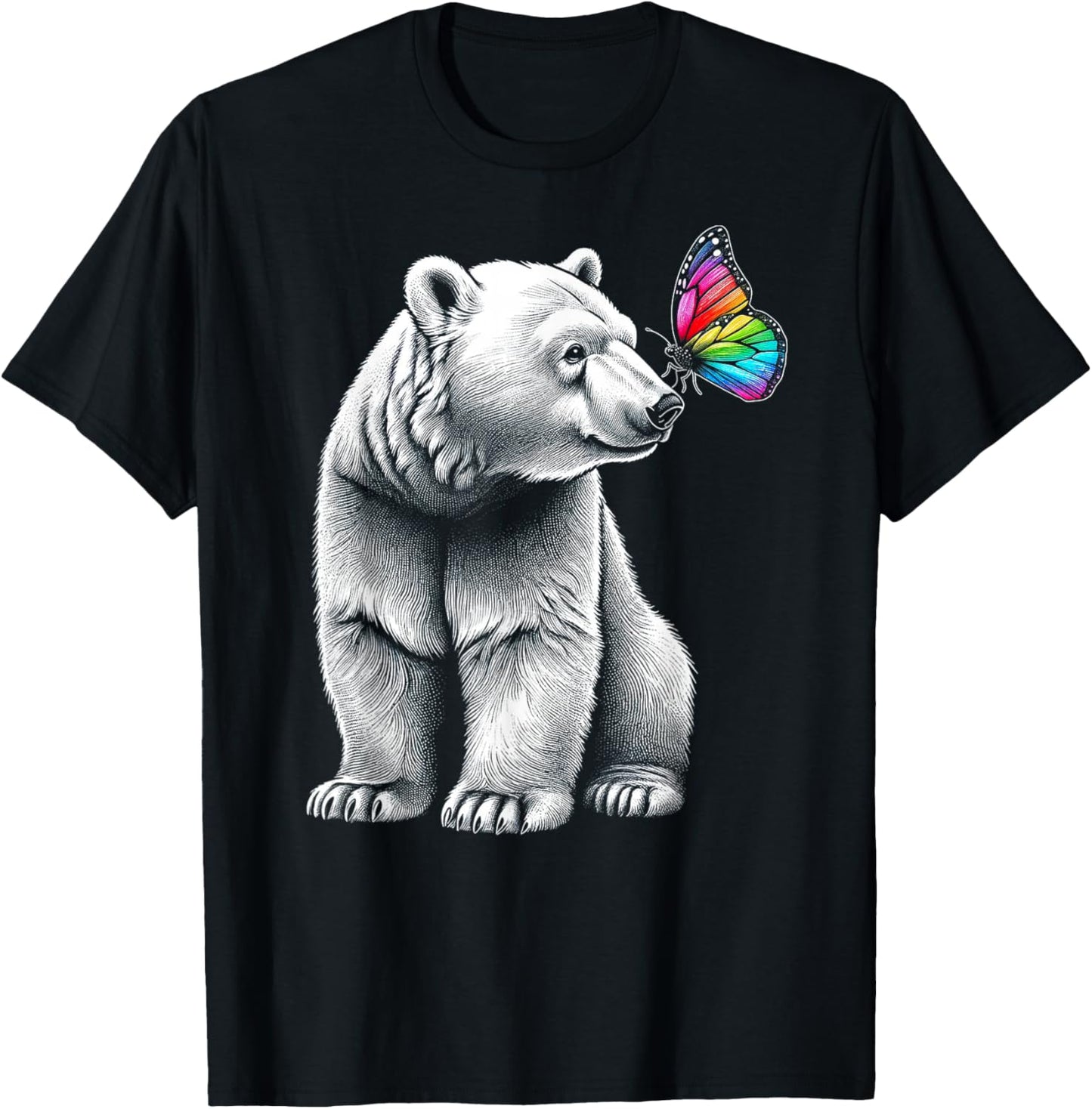 Bear Baby Wildlife Colorful Butterfly Grizzly Bear Artwork T-Shirt - T-Shirt | Black