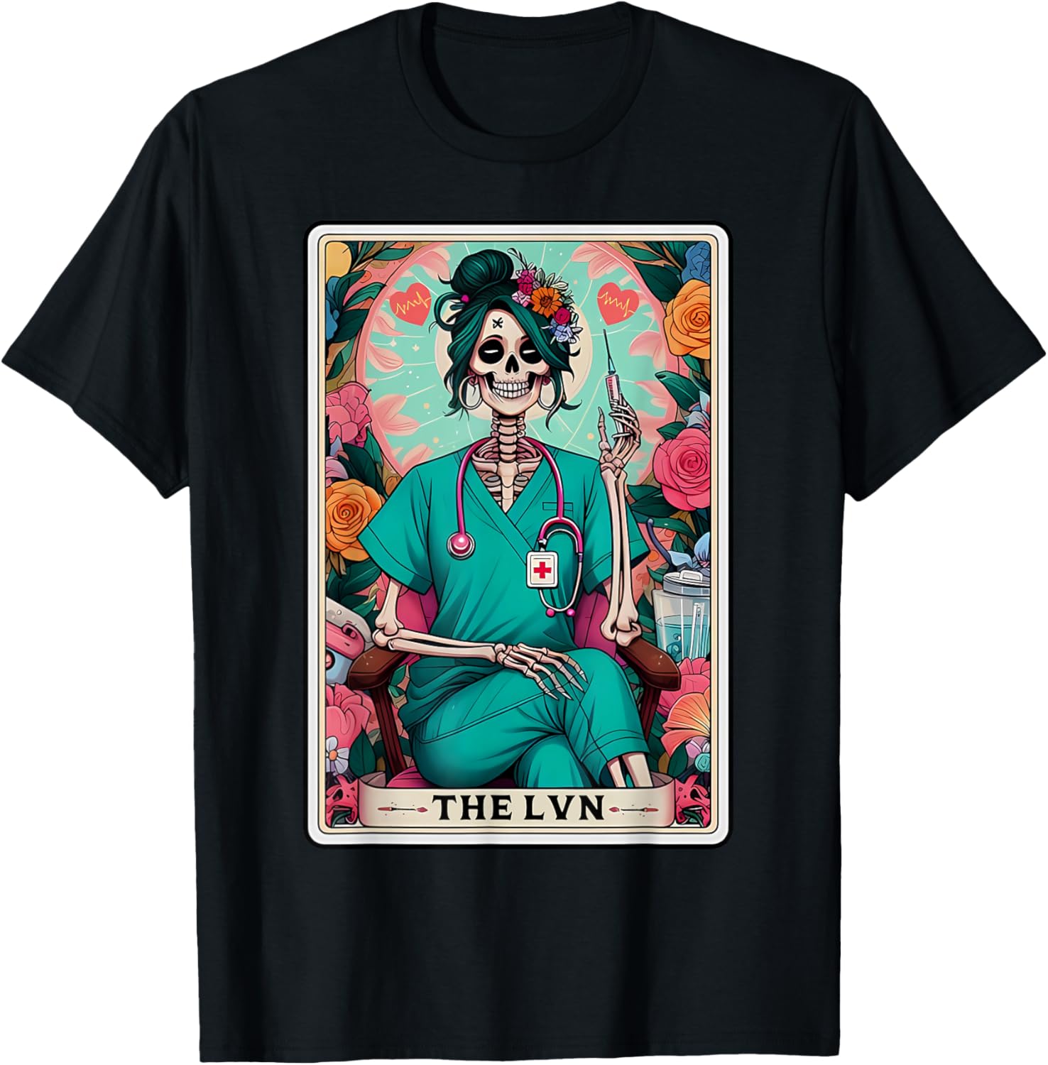 Skeleton Nurse LVN Tarot Card Licensed Vocational Nurse T-Shirt - T-Shirt | Black