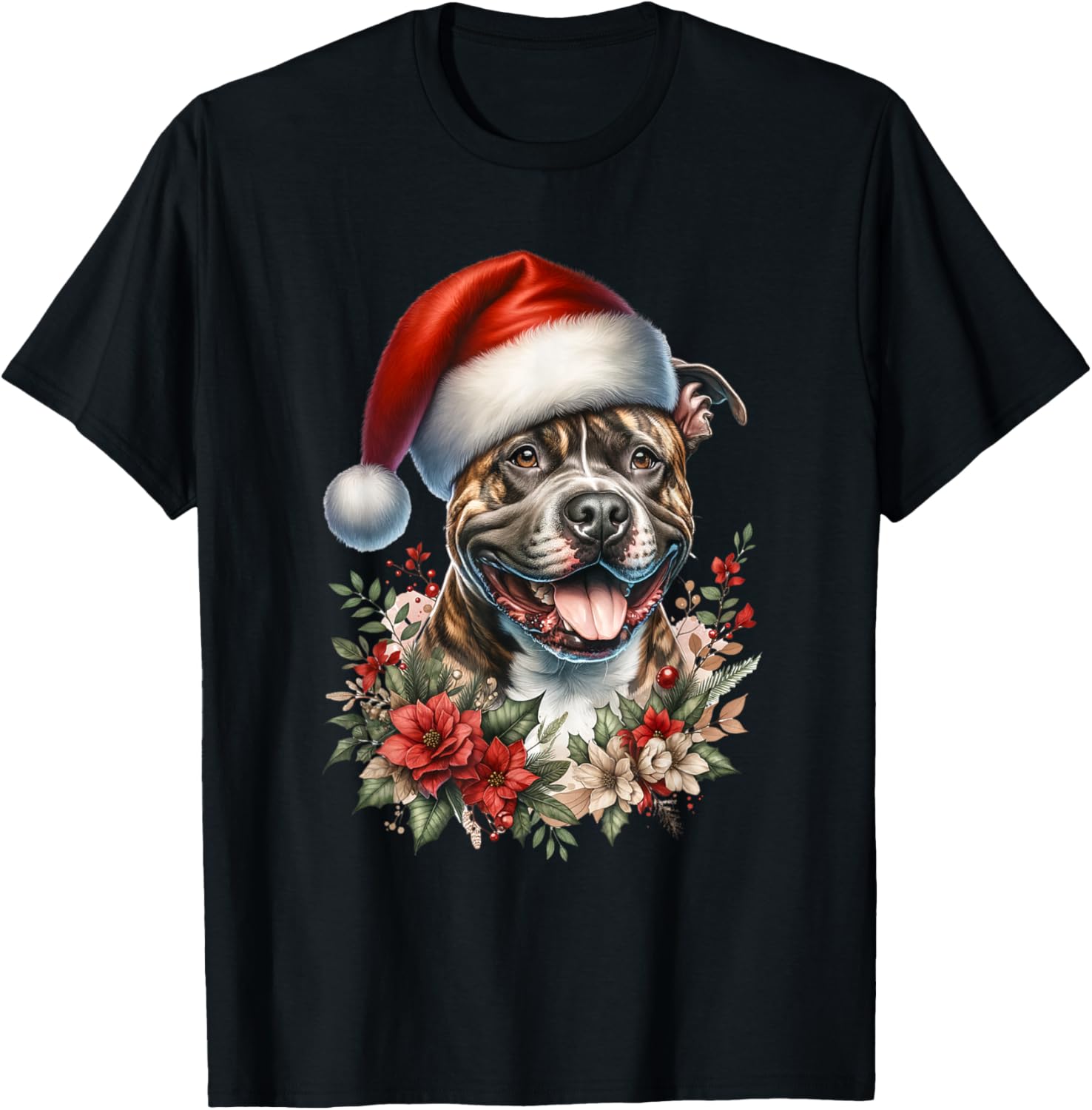 Christmas Brindle Pitbull Pit Dog Bully Watercolor Artwork T-Shirt - T-Shirt | Black