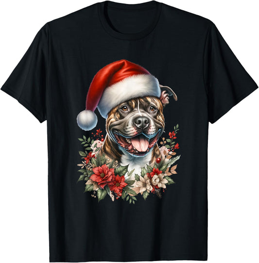 Christmas Brindle Pitbull Pit Dog Bully Watercolor Artwork T-Shirt - T-Shirt | Black