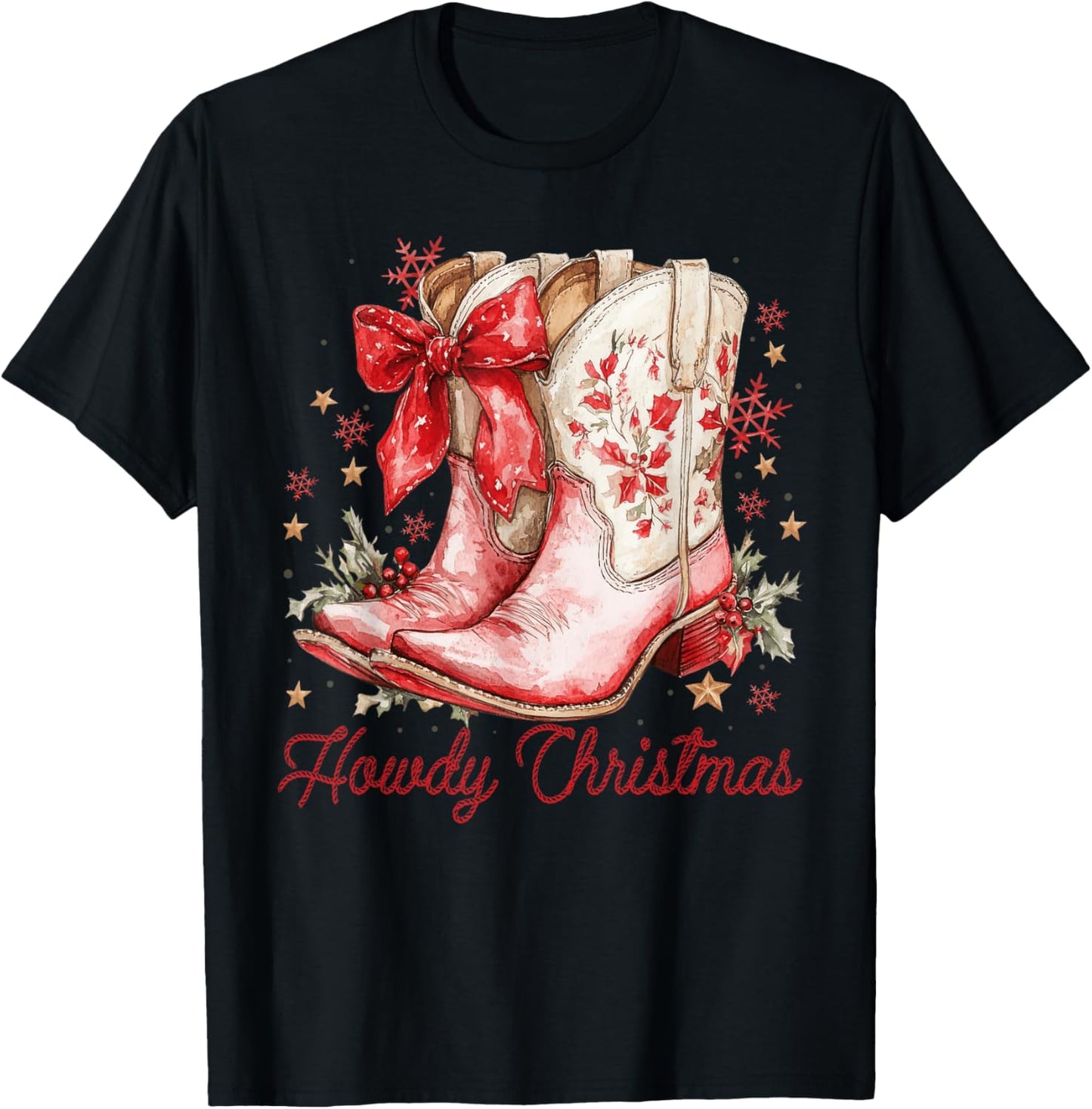 Western Howdy Christmas Cowgirl Boot Coquette Bow Christmas T-Shirt - T-Shirt | Black