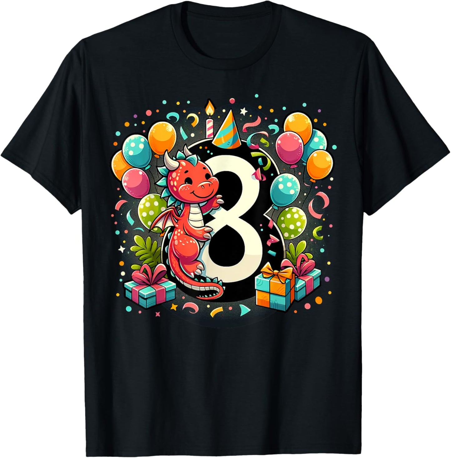 Bday eighth Boys, Girls, Kids age eight 8th birthday Dragon T-Shirt - T-Shirt | Black