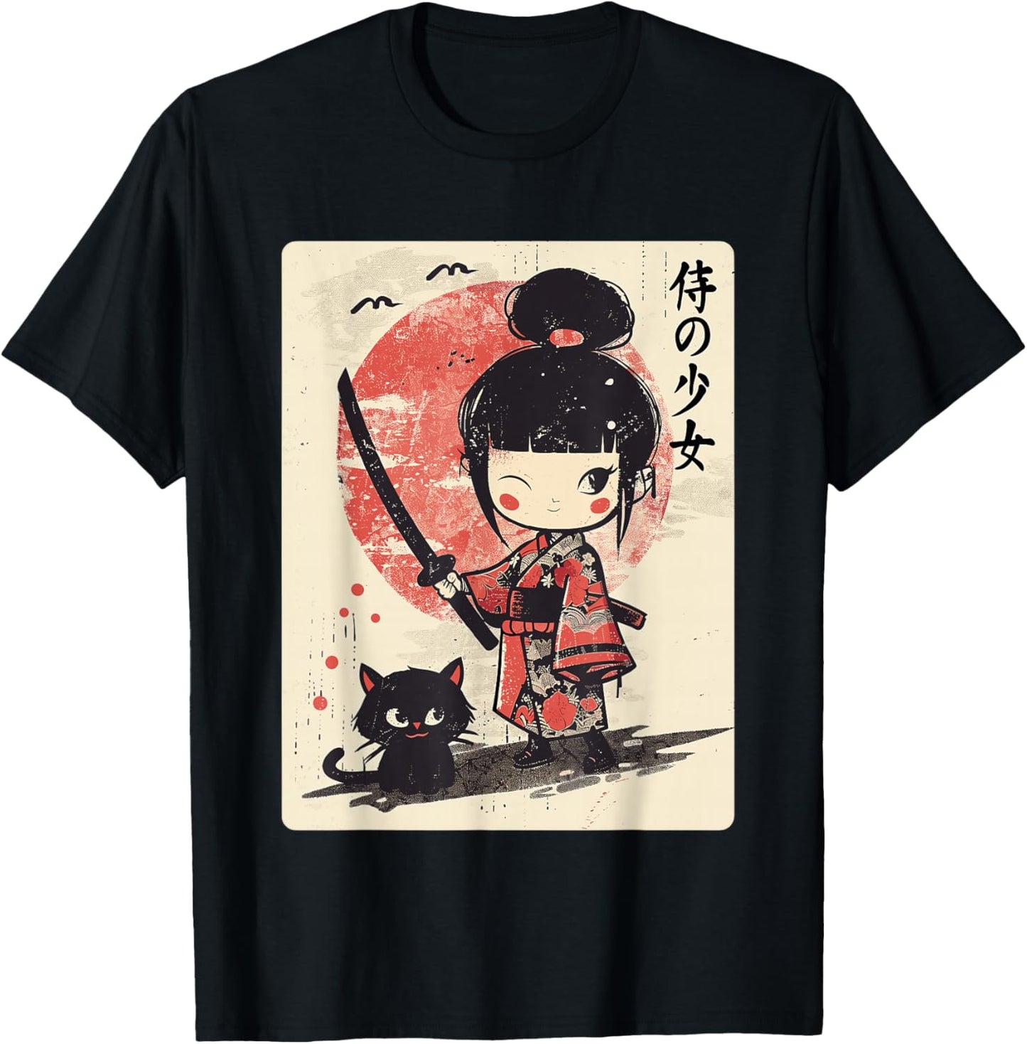 Cute Kawaii Samurai Girl with Katana & Cat Japanese Anime T-Shirt - T-Shirt | Black