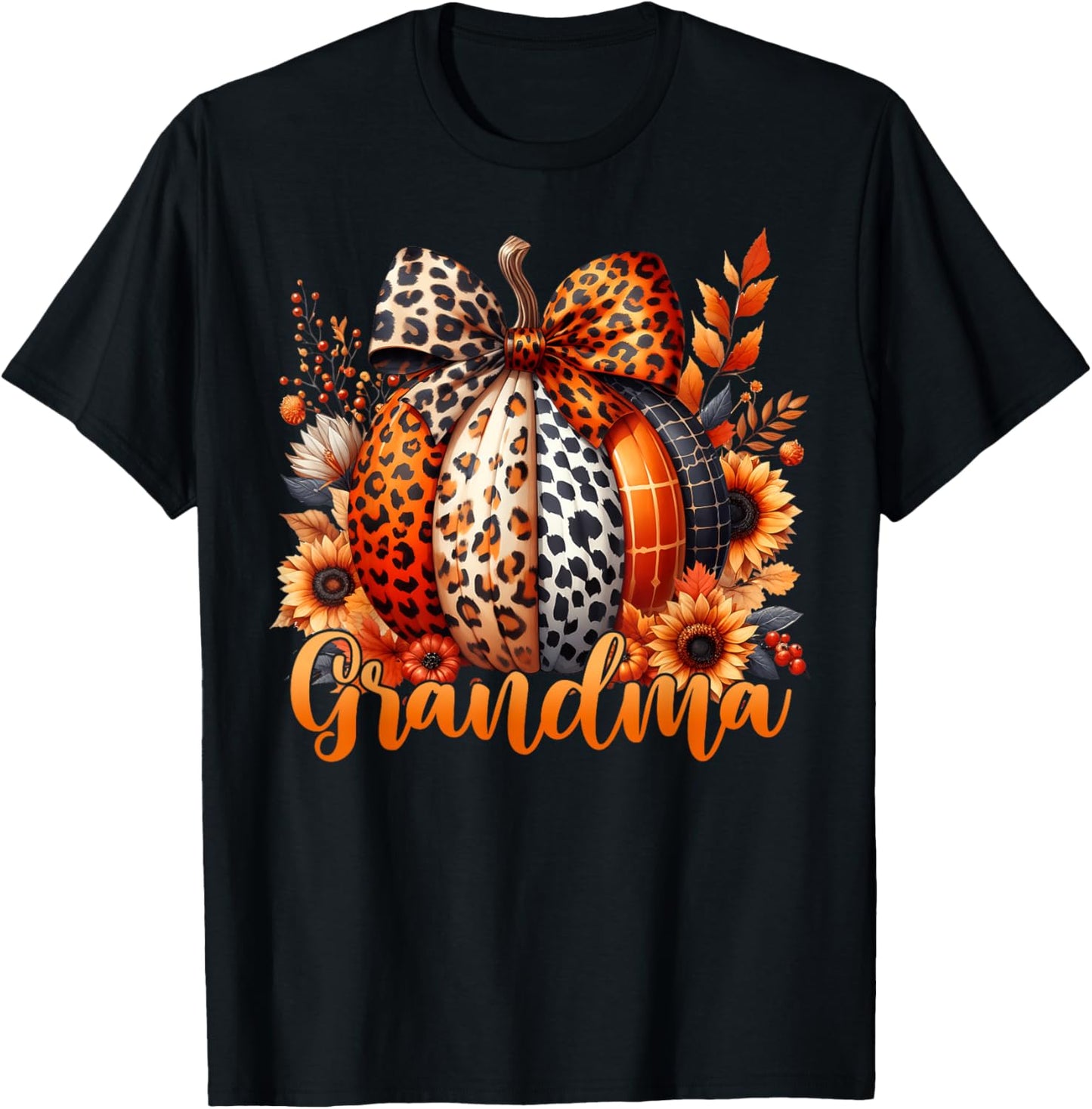 Grandma Thanksgiving Leopard Pumpkin Sunflower Coquette Bow T-Shirt - T-Shirt | Black