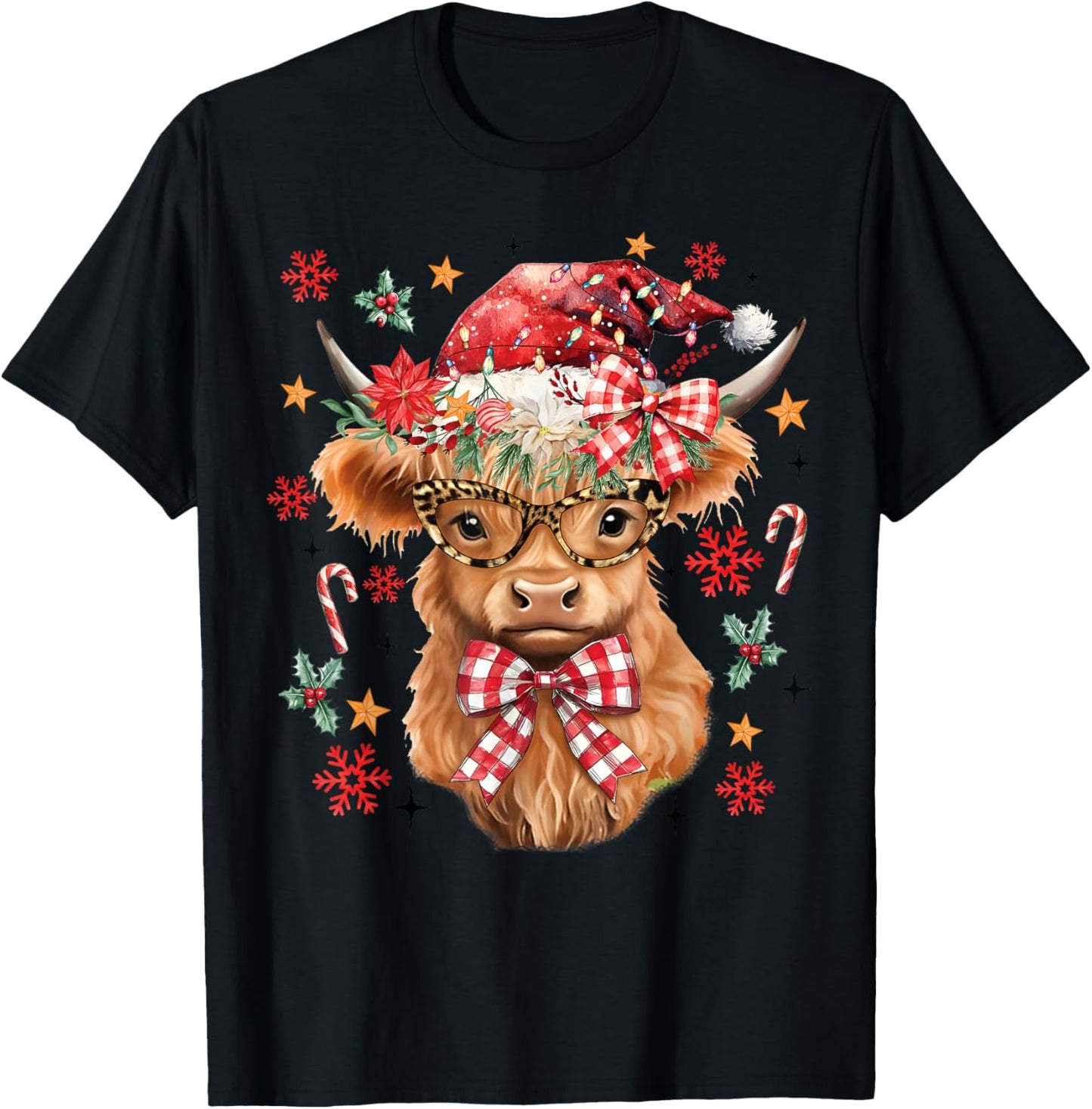 Western Highland Cow Lover Coquette Bow Merry Christmas T-Shirt - T-Shirt | Black