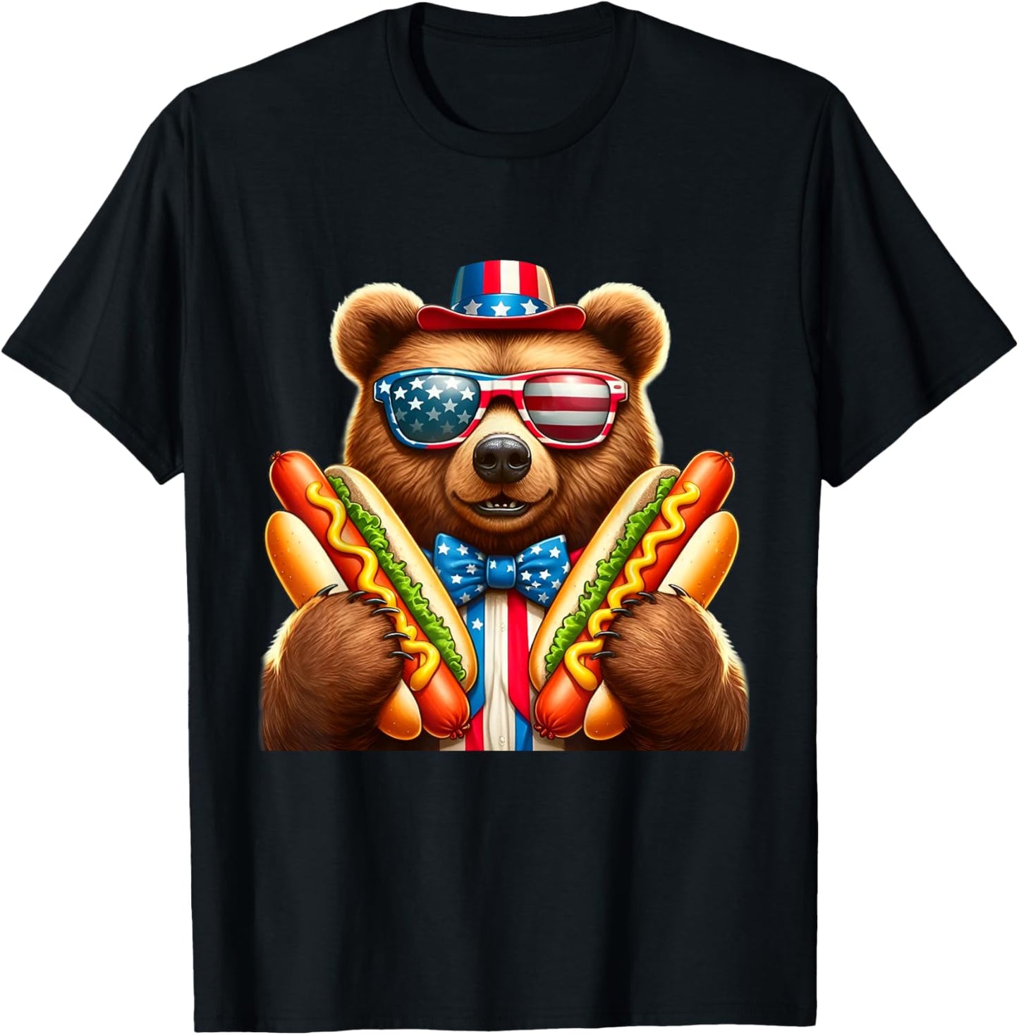Hotdog Bear Funny Patriotic Bear USA Flag Wiener 4th of july T-Shirt - T-Shirt | Black