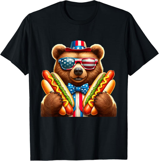 Hotdog Bear Funny Patriotic Bear USA Flag Wiener 4th of july T-Shirt - T-Shirt | Black