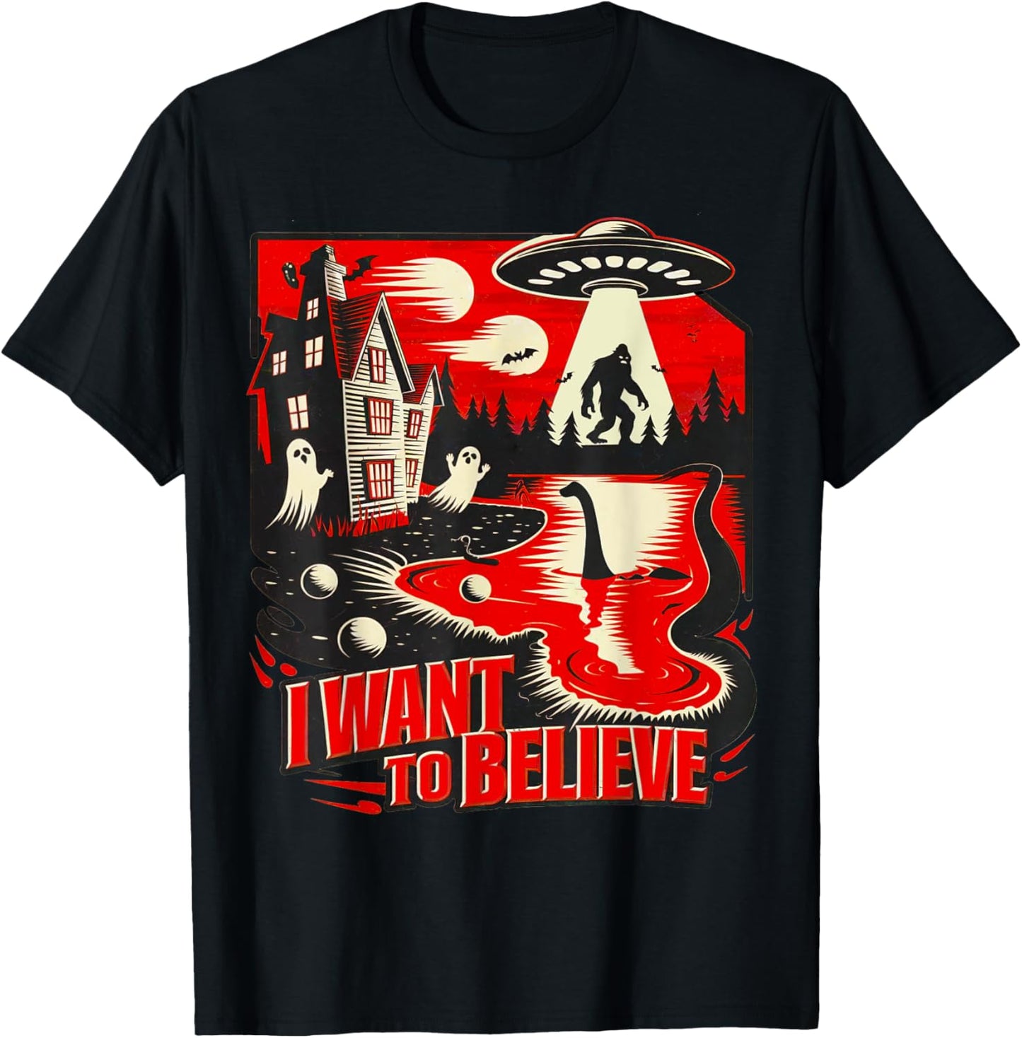 I want to believe UFO Loch Ness Ghost T-Shirt - T-Shirt | Black