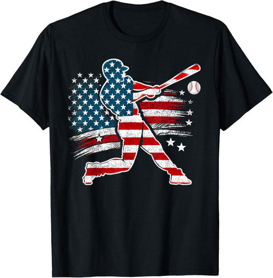 American Baseball Batter With United States Flag USA Retro T-Shirt - T-Shirt | Black