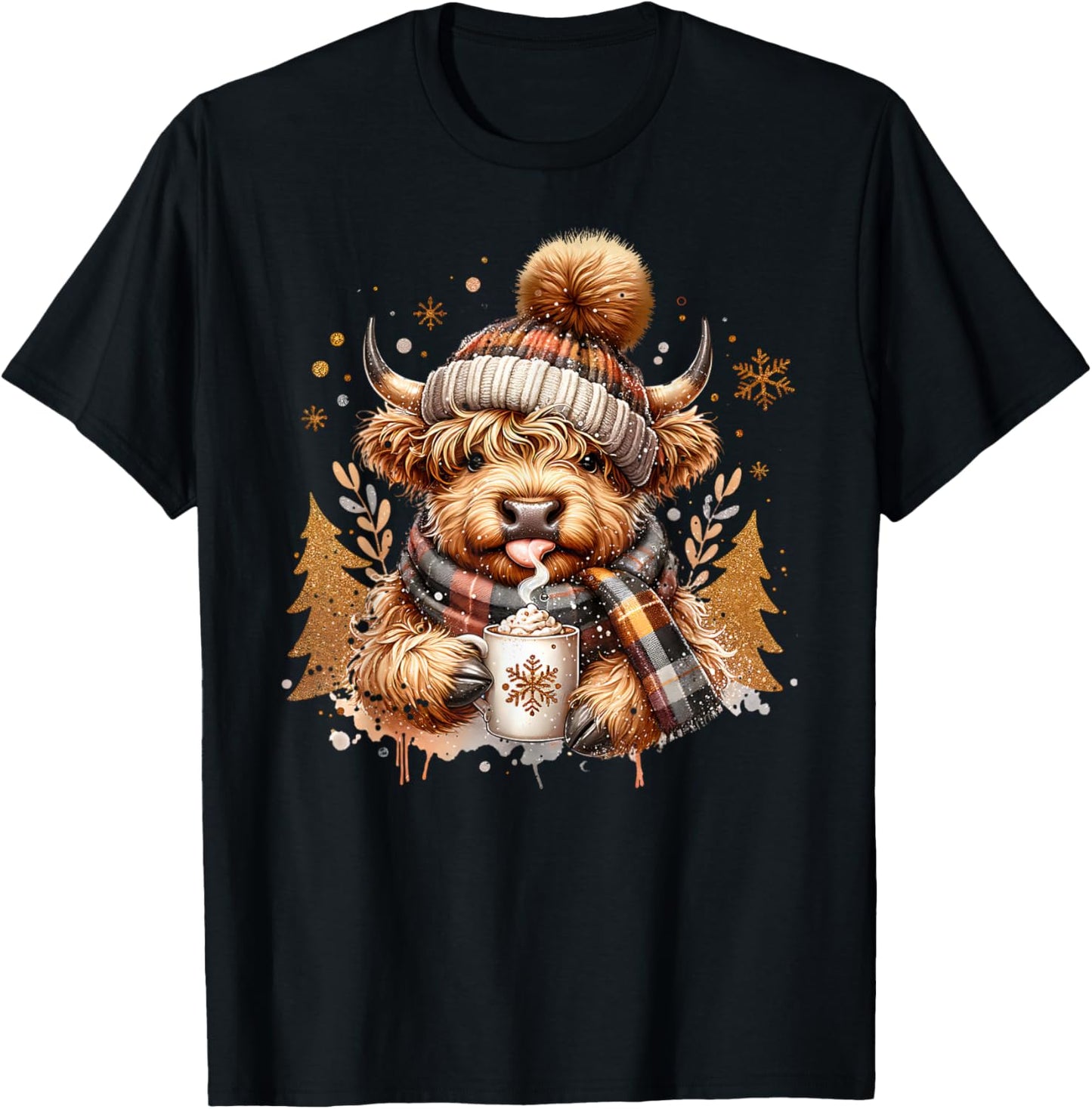 Cute Highland Cow Drinking Coffee Latte Winter Christmas T-Shirt - T-Shirt | Black