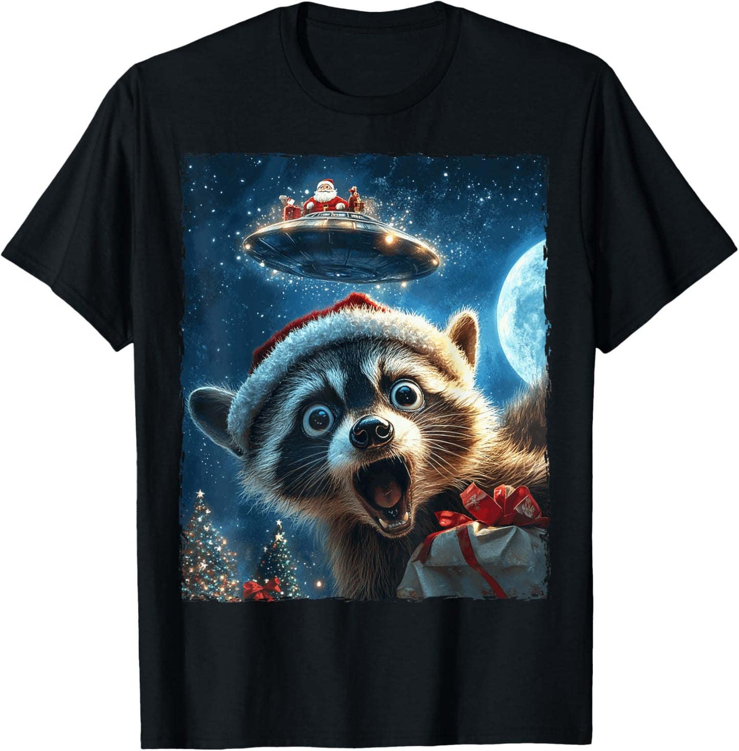 Funny Raccoon Selfie Santa Ufo Xmas Christmas T-Shirt - T-Shirt | Black