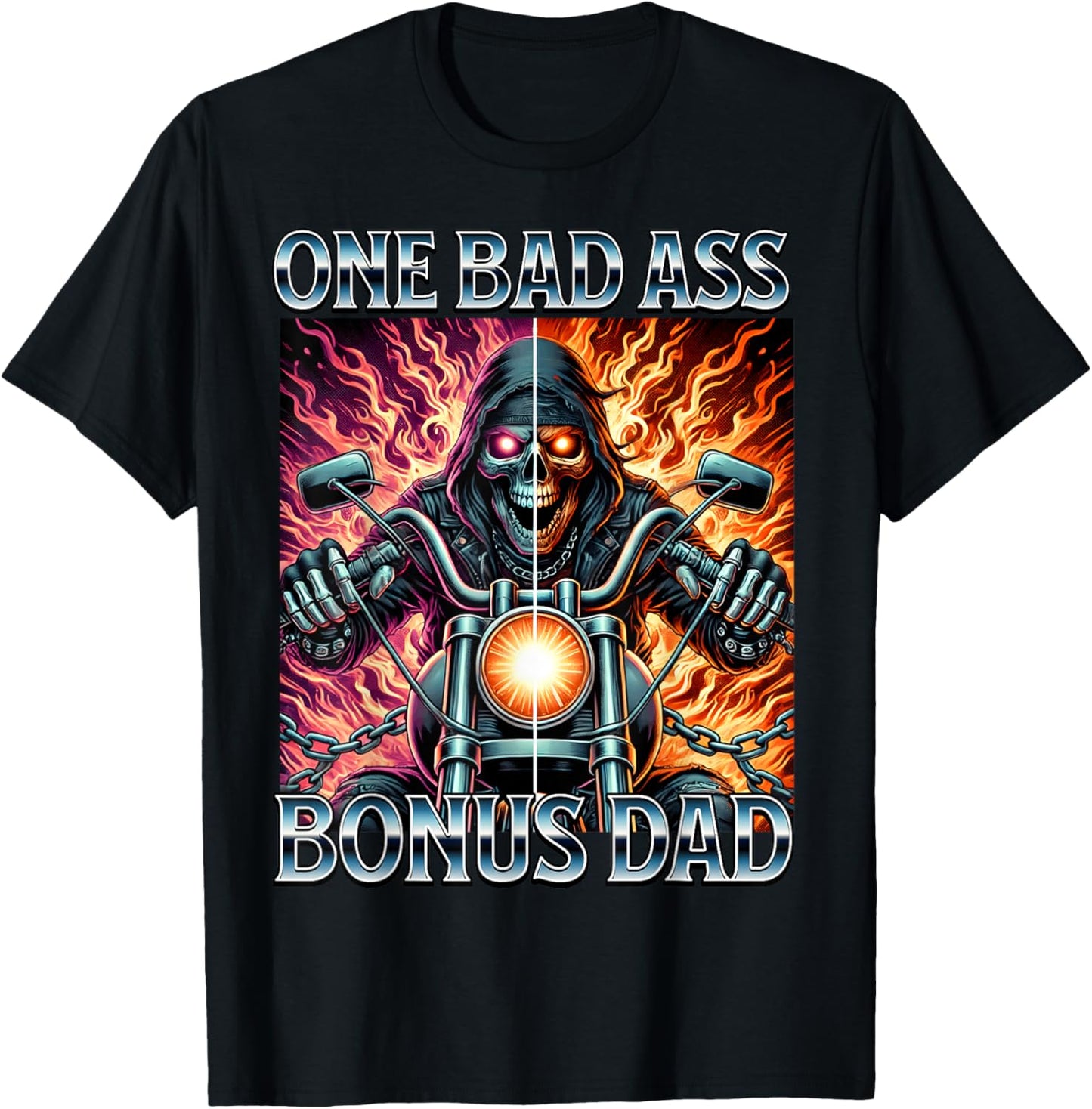 Bad Ass Bonus Dad Skeleton Step Dad Biker Stepdad Motorcycle T-Shirt - T-Shirt | Black