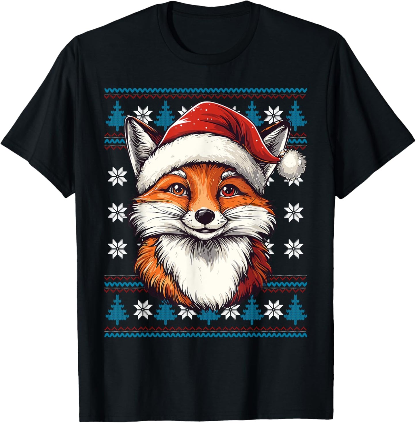 Foxes Santa Hat Ugly Christmas Sweater Foxes Lovers Holiday T-Shirt - T-Shirt | Black