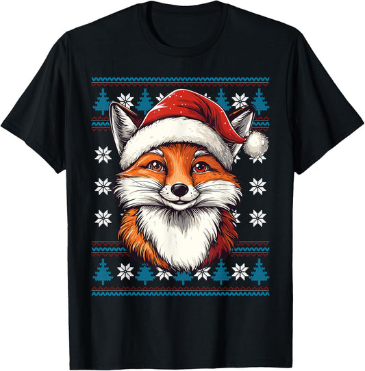 Foxes Santa Hat Ugly Christmas Sweater Foxes Lovers Holiday T-Shirt - T-Shirt | Black